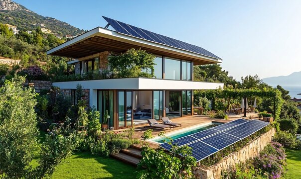 Modern villa with a solar panel rooftop and private swimming pool, combining sustainable energy efficiency with luxurious living in a tranquil natural setting.