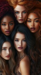 Obraz premium Beautiful diverse women with different skin tones and features showcase natural beauty in an artistic portrait composition highlighting inclusivity and feminine power in modern beauty standards.