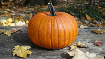 A vibrant orange pumpkin rests on a weathered wooden bench, surrounded by autumn leaves.
