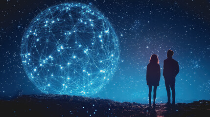 Obraz premium Two Silhouetted Figures Gazing at a Network of Bright Stars and Connections Against a Dark Night Sky, Symbolizing Technology and Connectivity