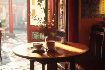 Serene Morning Tea in a Traditional Chinese Courtyard