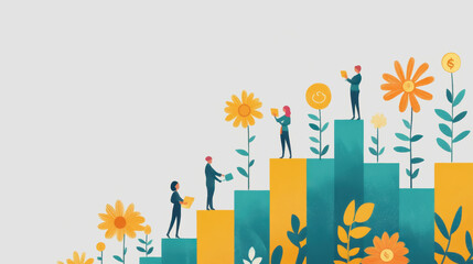 Business Growth Concept with Team of Professionals Climbing Steps Surrounded by Colorful Flowers and Plants Illustrating Success and Prosperity
