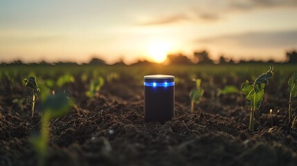 Smart agriculture sensor in a field at sunset.