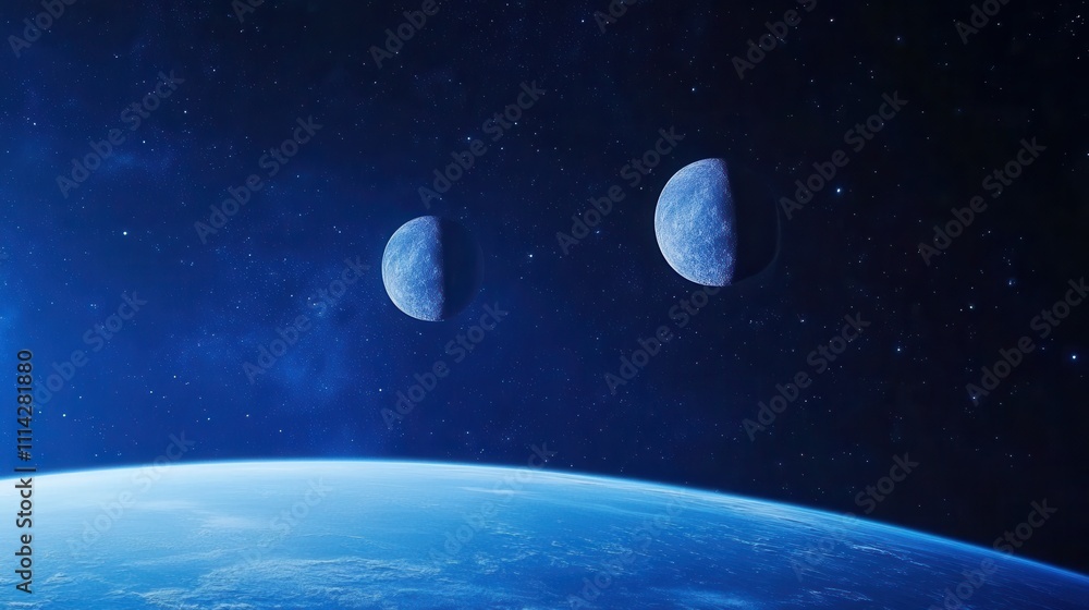 Poster two planets orbiting in a deep space scene with earth below