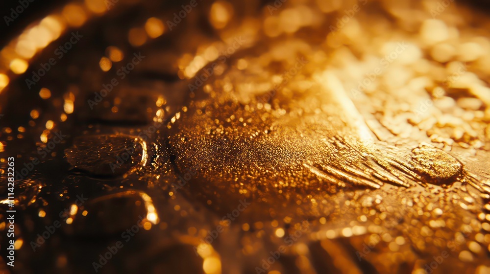 Poster close-up macro shot of a gold coin with water droplets, highlighting texture and detail.