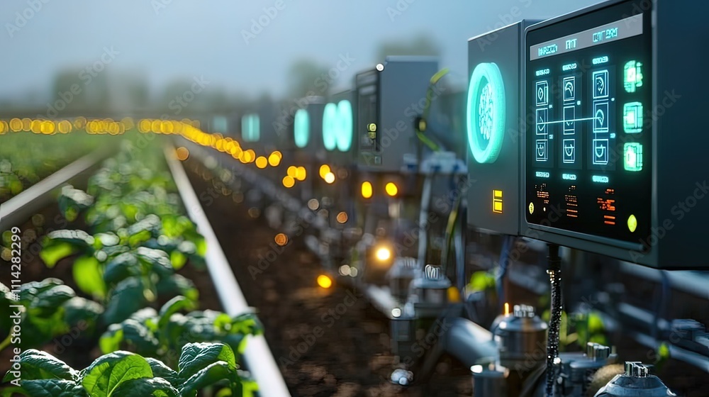 Poster smart farm technology automated irrigation system with digital control panel monitoring plant growth