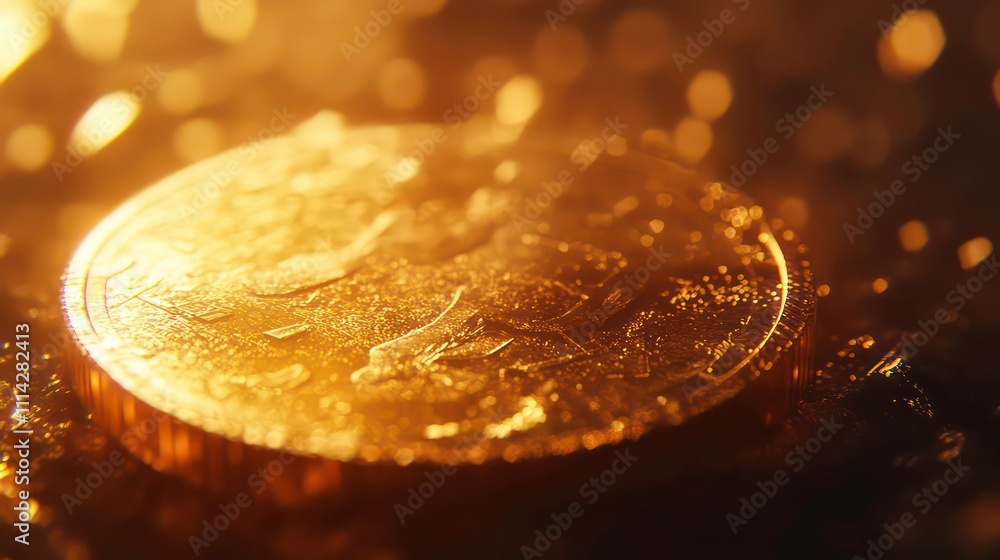 Poster close-up of a golden coin with water droplets, illuminated by warm light and bokeh.