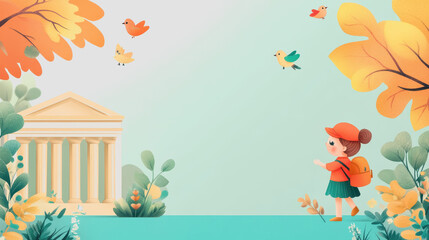 Fototapeta premium Colorful Illustration of a Young Girl with a Backpack, Surrounded by Autumn Foliage and Playful Birds Near a Classic Architectural Structure