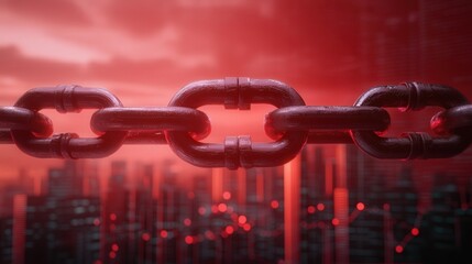 Naklejka premium Debt crisis, Global, Economics. Industrial chain against a red urban backdrop
