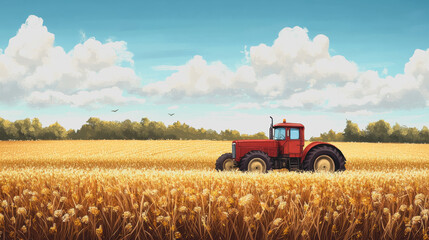 Obraz premium Red Tractor in a Golden Wheat Field Under a Bright Blue Sky with Fluffy Clouds and Birds Flying in the Distance Capturing Rural Farming Landscapes and Nature