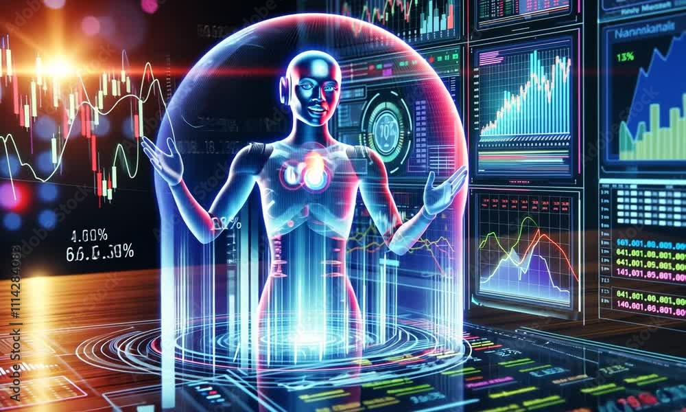 Aufkleber digital ai assistant talking and explaining in a cyberspace dome with graphs and financial market au