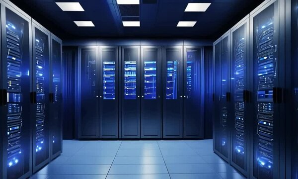 Dark Blue Mass Data Storage Center Server Room Corridor