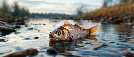 Fototapeta premium Health warning report. Dying fish on riverbank at sunset