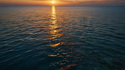 A vast ocean stretches out before you, its surface dotted with shimmering water droplets. Each one reflects the light in a unique way, creating a mesmerizing display of colors and patterns.
