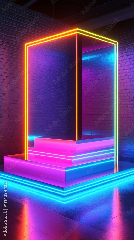 Poster a mesmerizing 3d geometric structure is illuminated by vibrant neon lights in a dark room, creating 