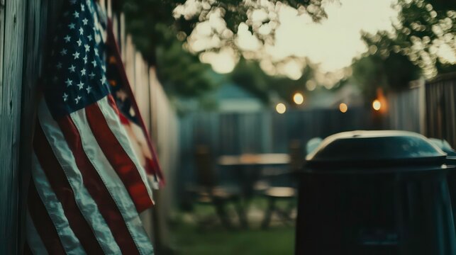 A close-up shot of an American flag draped over a wooden fence at a 4th of July barbecue.