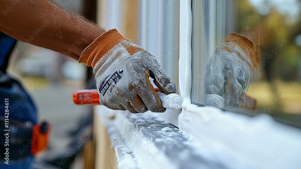 Poster worker applying sealant to window frame