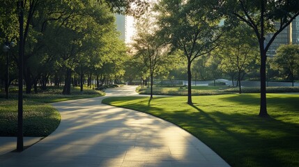 Obraz premium Serene morning walkway urban park nature photography lush green environment tranquil perspective peaceful escape for urbanites