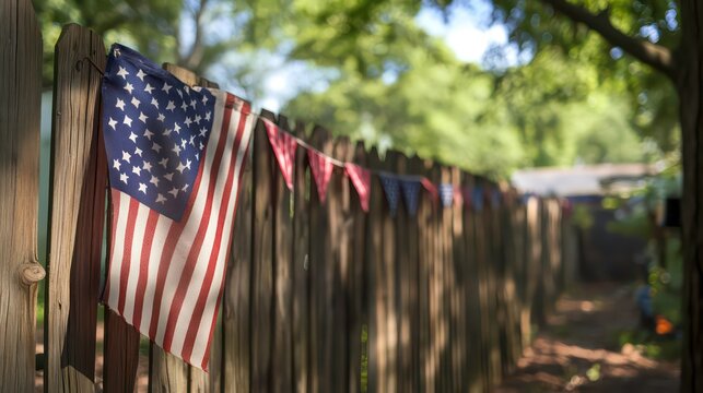 A close-up shot of an American flag draped over a wooden fence at a 4th of July barbecue.