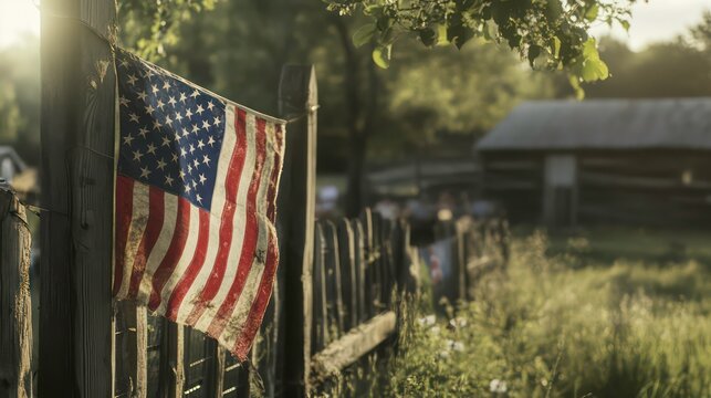 Worn American flag hangs on rustic fence, blurred figures and log cabin in background at sunset.