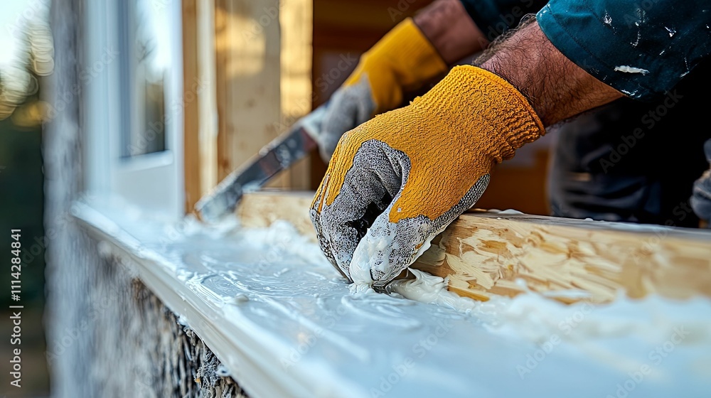 Poster worker applying sealant to window frame