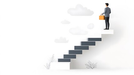 A professional standing on top of a staircase with a briefcase, representing success and career progression