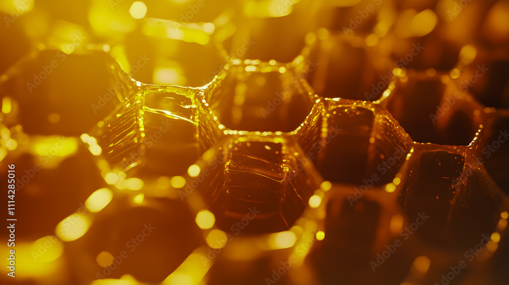 Poster close-up view of glimmering honeycomb structure with golden honey droplets reflecting light and crea