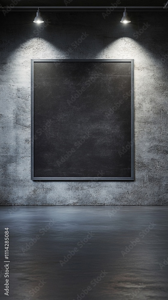 Aufkleber empty gallery setting with a blank dark frame, illuminated by overhead lighting, ideal for showcasin