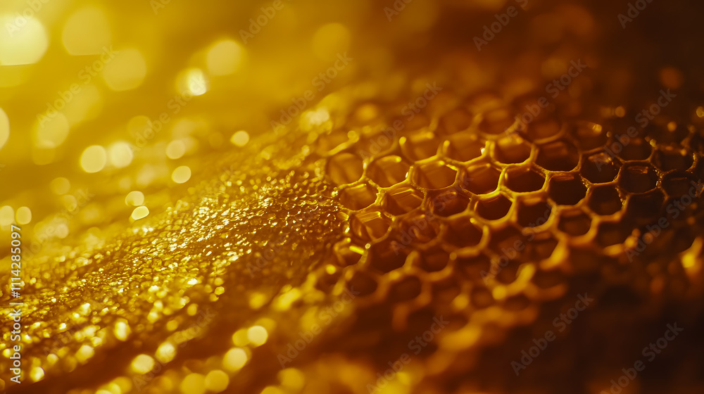 Poster close-up view of golden honeycomb structure with droplets and soft light glimmering on surface for n