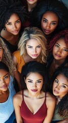 Obraz premium A group of diverse, confident women standing together, showcasing diverse hairstyles and vibrant fashion, symbolizing empowerment and unity in the modern world.