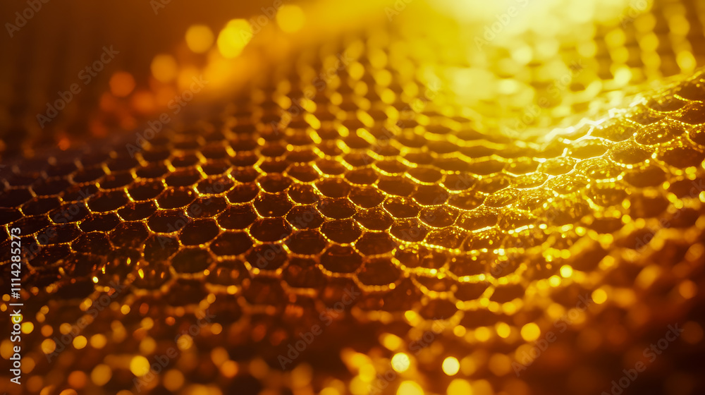 Poster close-up view of honeycomb texture with golden reflections under soft lighting in an artistic photog