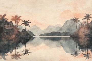 Vintage watercolor landscape with mountains, palm trees, and reflections on a calm lake. Soft beige tones, reminiscent of old postcards.