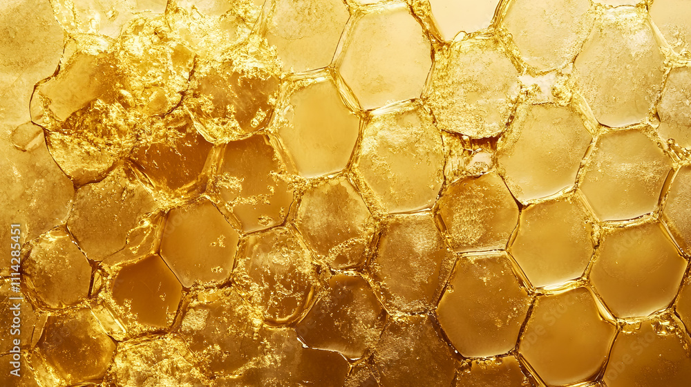 Poster close-up view of natural honeycomb structure showcasing hexagonal cells and golden texture with swee