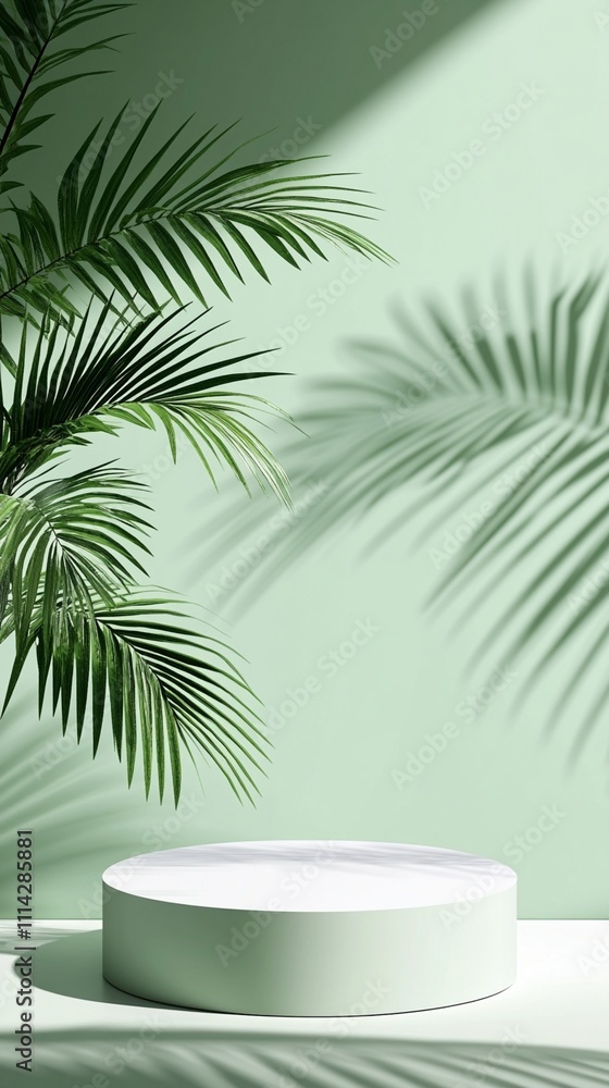 Aufkleber elegant minimalistic green podium with palm leaves casting soft shadows on the background, creating 
