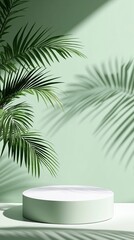 Obraz premium Elegant minimalistic green podium with palm leaves casting soft shadows on the background, creating a serene atmosphere perfect for product display and modern design concepts.