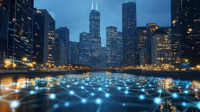Abstract modern city skyline showcasing interconnected buildings and waterways, overlaid with digital network connections symbolizing smart city technology.