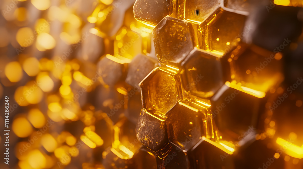 Poster close-up view of glimmering honeycomb structure with golden honey droplets reflecting light in a bea