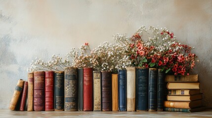 An artistic arrangement of antique books and wildflowers against a gentle light background, perfect for a vintage-inspired aesthetic