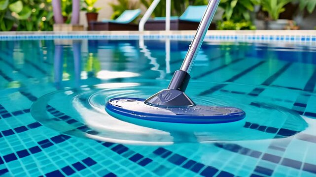 Close up shot of a swimming pool cleaner using a long pole with a net or brush to remove leaves and debris from a serene, cleaning service	
