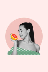 Vertical photo collage of happy girl smell orange fruit sniff extract tropical skincare healthy...