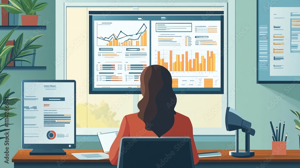 Poster a woman working in a modern office setting, analyzing charts and graphs on a computer screen, focuse