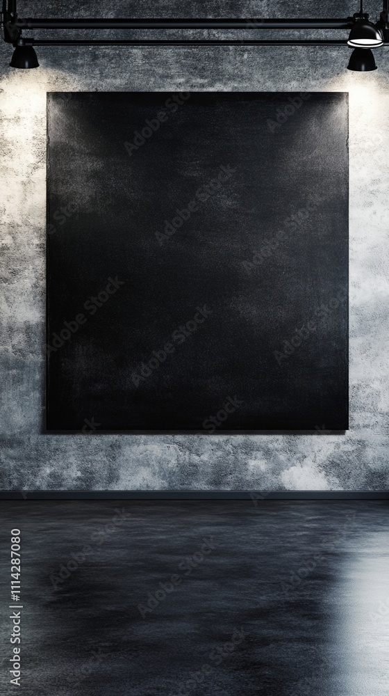 Poster an empty black canvas hanging on a textured gray concrete wall, illuminated by overhead spotlights, 