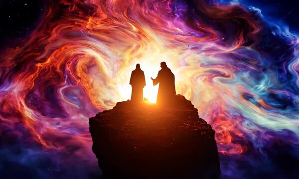 Shadrach, Meshach, and Abednego in the fiery furnace, depicted within a swirling nebula, highlighting their faith amidst trials