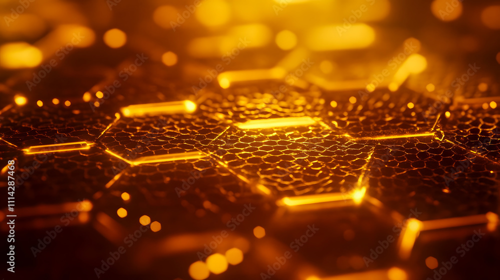 Poster glowing honeycomb pattern with abstract shapes and light reflections in warm yellow tones for backgr