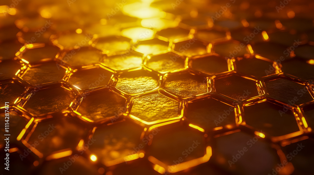 Poster abstract golden honeycomb pattern with glossy surface texture reflecting light in a warm and invitin