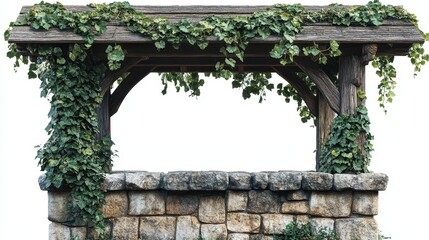 Rustic stone wishing well with wooden roof and ivy decoration medieval fantasy design transparent background