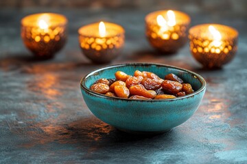 Fototapeta premium Ramadan Kareem and iftar muslim food, holiday concept. Bowl with dried dates and latterns with candles. Celebration idea 