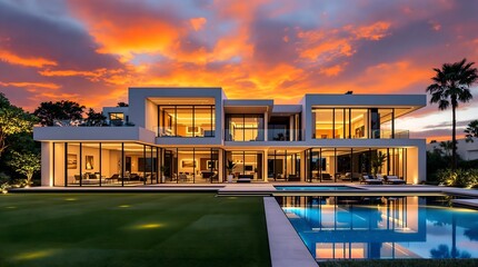 Fototapeta premium contemporary luxury villa with swimming pool at sunset, generative AI
