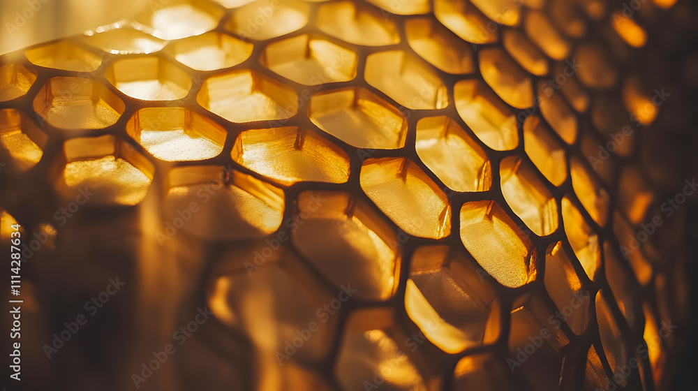 Poster close-up of honeycomb structure highlighting intricate patterns and natural light for a warm visual 