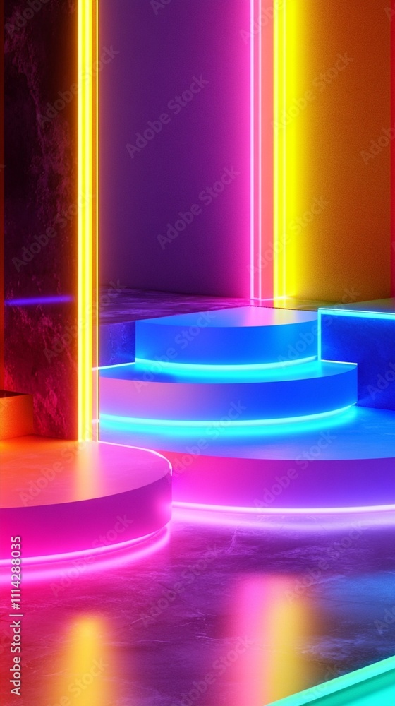 Aufkleber vibrant neon lights illuminate abstract geometric shapes, creating a futuristic and colorful backdro